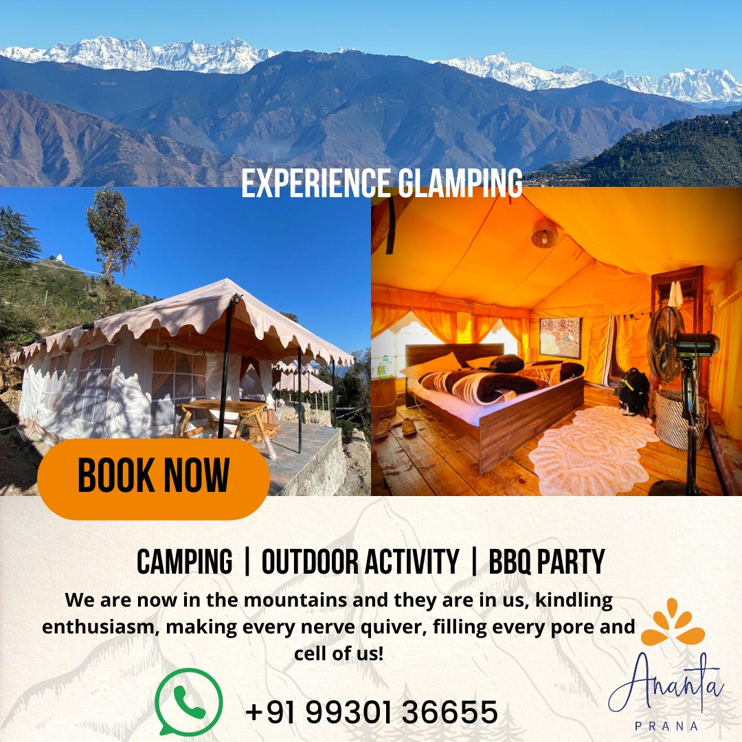 Discover Ananta Prana, the most luxurious glamping resort nestled in the serene Himalayan foothills. Just 3 km from Mussoorie Mall Road and close to Dehradun, our eco-luxury retreat offers breathtaking mountain views, Swiss tents, organic dining, and unforgettable adventure activities. Perfect for couples, families, solo travelers, and pet owners, Ananta Prana blends five-star comfort with raw nature. Enjoy bonfire nights, guided treks, sunrise views of Kedarnath & Gangotri peaks, and more. Whether it’s a romantic escape, family vacation, or a peaceful digital detox, Ananta Prana is your ideal mountain getaway. Why Choose Us? • Luxury Glamping & Camping in Mussoorie • Couple-Friendly & Pet-Friendly Stays • Farm-to-Table Dining • Adventure Activities: Trekking. • Near Kempty Falls, Lal Tibba, Camel’s Back Road • Best Price Guarantee on Direct Bookings Book now and experience the best view resort in Mussoorie & Dehradun.